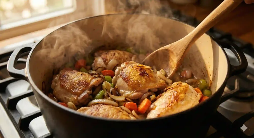 Flat lay of chicken, vegetables, pasta, broth, cream, and cheese