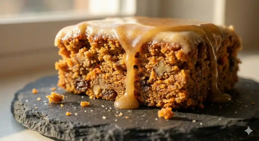 Close-up of a single carrot bar with creamy frosting.