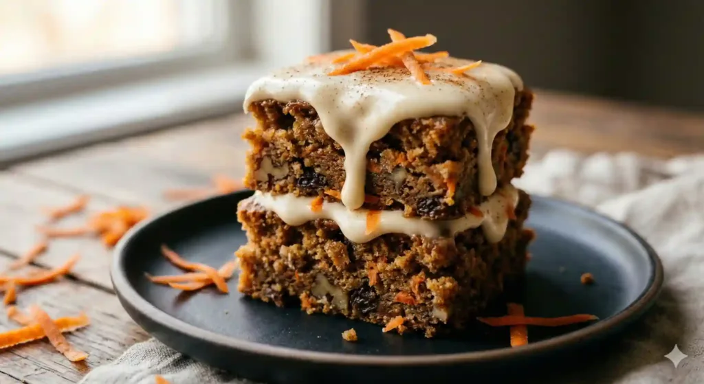 Sliced frosted carrot bars arranged on a wooden board.