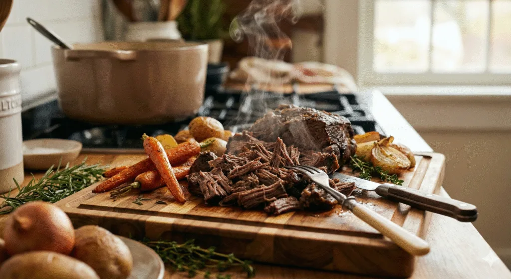 A variety of hearty beef stew dishes, served with rustic bread and fresh vegetables like carrots, potatoes, and peas.