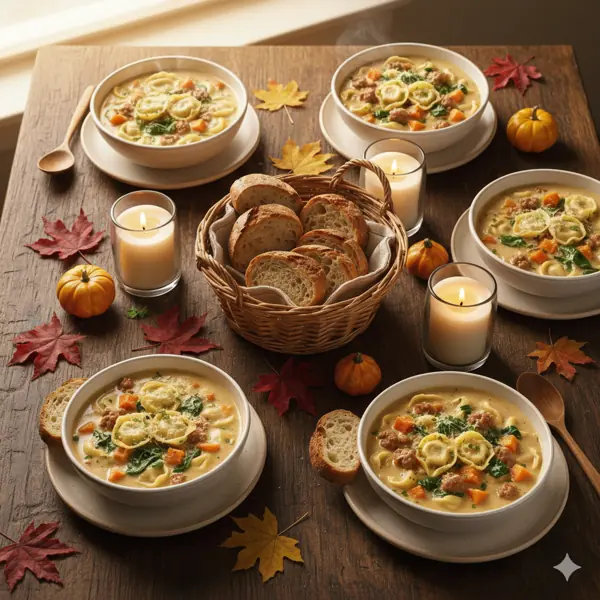 A creamy soup with tortellini and meatballs being stirred in a pot near a window decorated with autumn leaves.