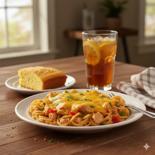 Creamy baked chicken spaghetti topped with melted cheddar cheese and peppers, served in a cozy kitchen setting.