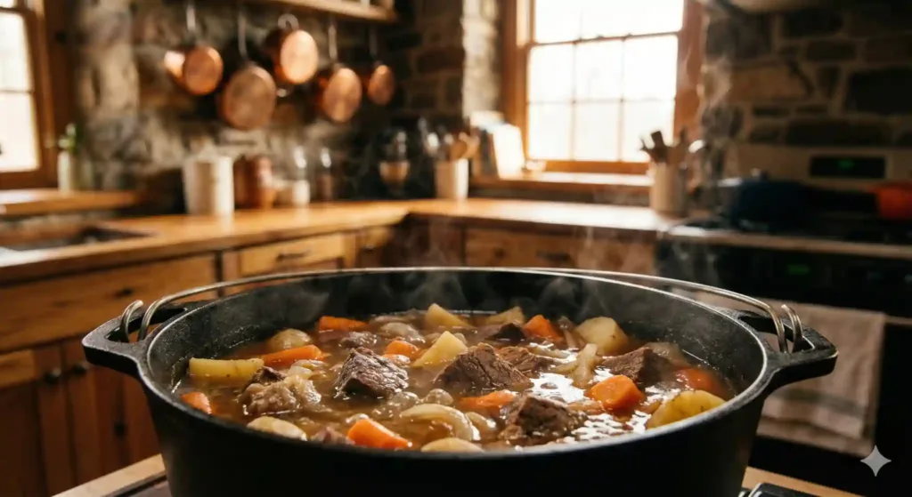 Bowl of hearty pot roast soup with potatoes, carrots, and shredded beef.