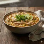 Dutch oven filled with creamy white chicken chili and beans.