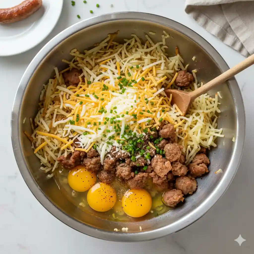 Unbaked hashbrown sausage mixture scooped into muffin pan cups.