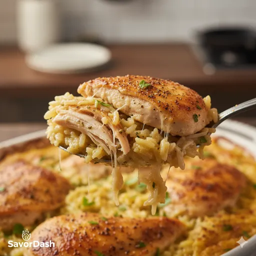 Golden roasted chicken breast served over a bed of cheesy baked rice with herbs and vegetables, accompanied by green beans and a dinner roll.