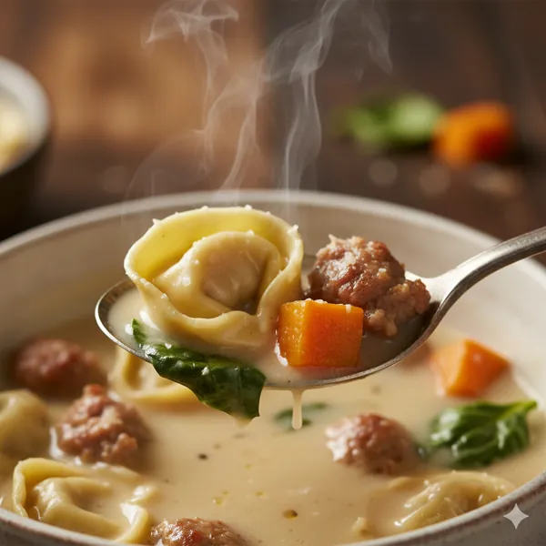 A fall-themed dinner table with bowls of creamy tortellini soup, bread basket, candles, and mini pumpkins.