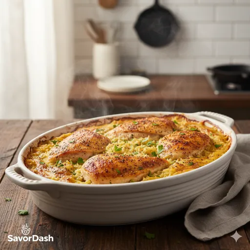 Golden roasted chicken breast served over a bed of cheesy baked rice with herbs and vegetables, accompanied by green beans and a dinner roll.