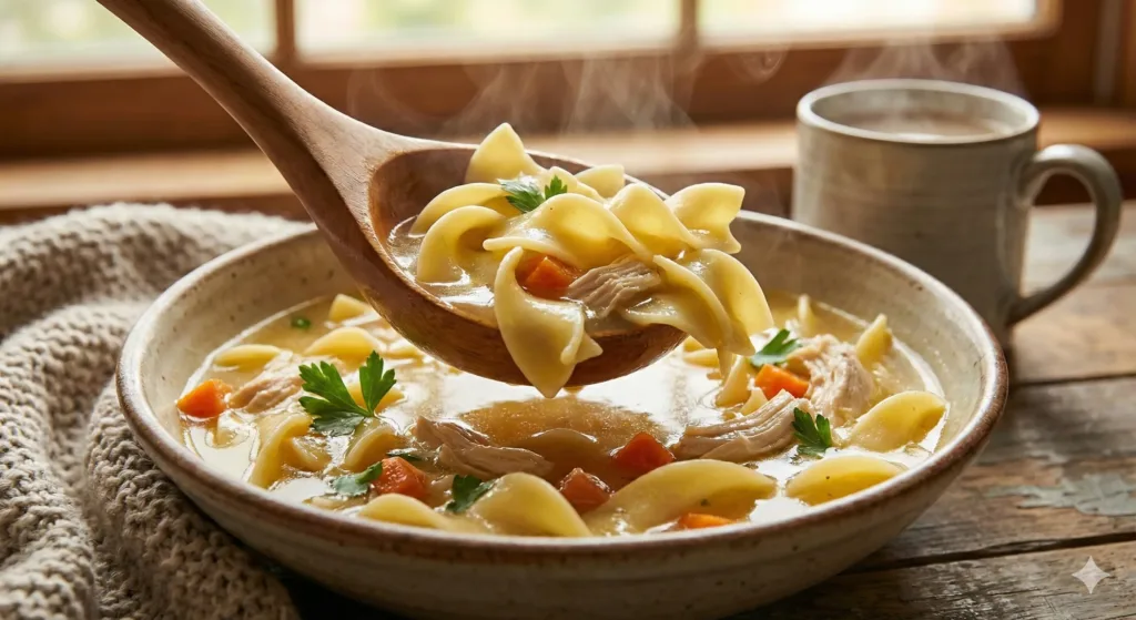 A warm bowl of classic chicken noodle soup.