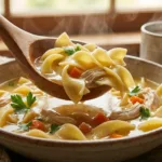 A warm bowl of classic chicken noodle soup.