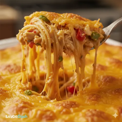 Creamy baked chicken spaghetti topped with melted cheddar cheese and peppers, served in a cozy kitchen setting.