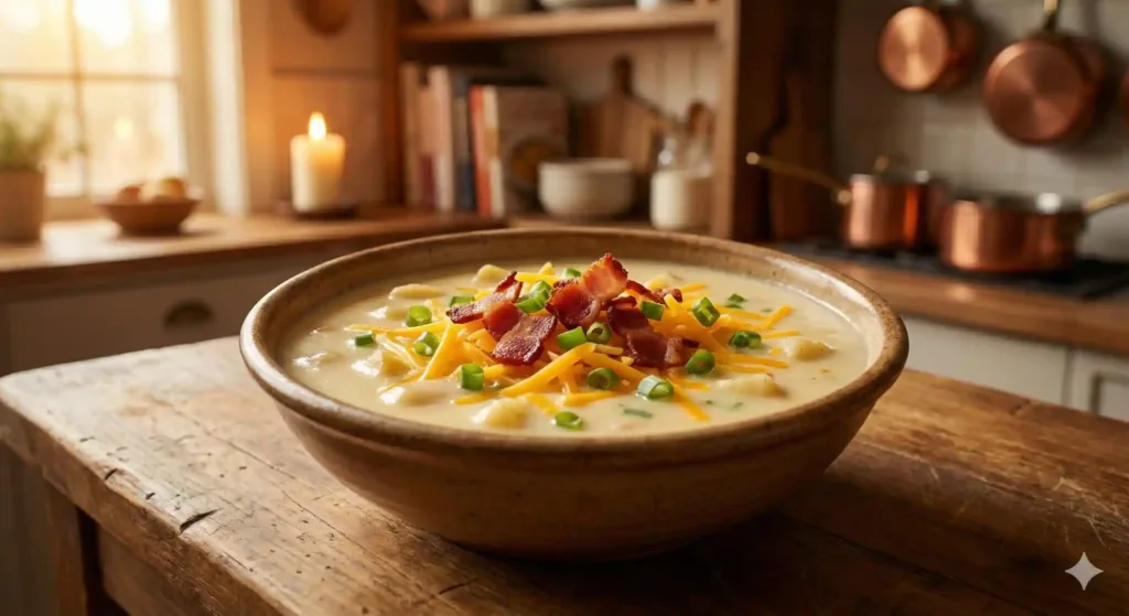 Fully topped potato soup with cheese, bacon, and onions