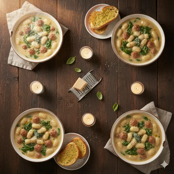 A hand stirring a steaming pot of gnocchi soup with spinach and sausage.