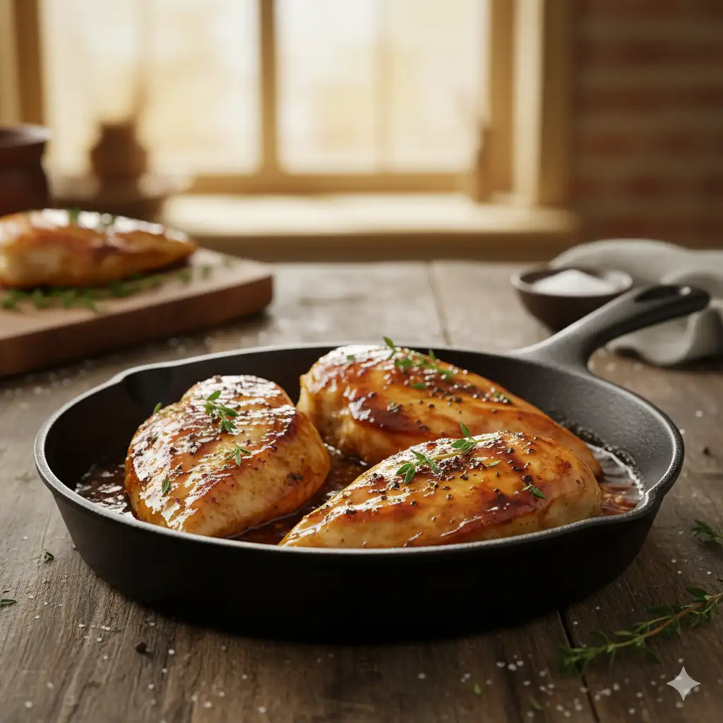 Glazed garlic chicken served with mashed potatoes and green beans.