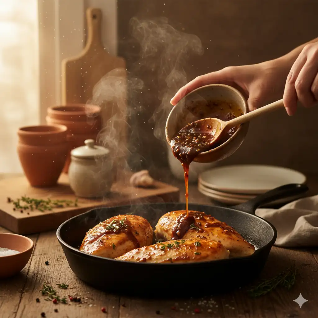 Glazed garlic chicken served with mashed potatoes and green beans.