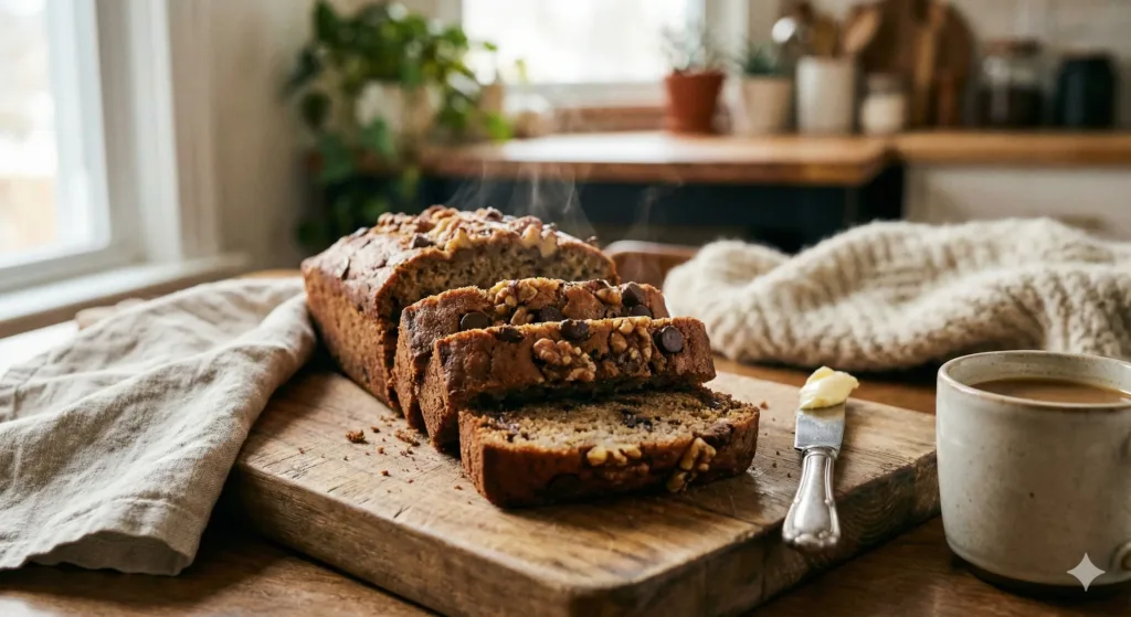 Overhead shot of a whole banana bread loaf on parchment.