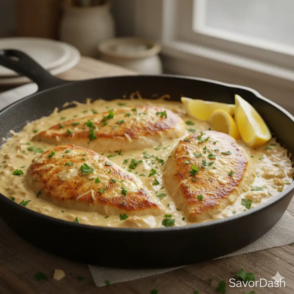 Creamy garlic chicken breast served with mashed potatoes and green beans.