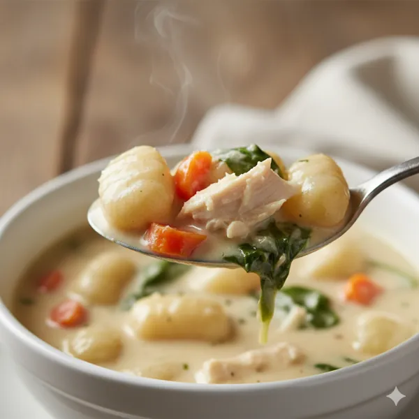 Top-down view of a rustic dinner setting with bowls of creamy gnocchi soup and breadsticks surrounded by candles.