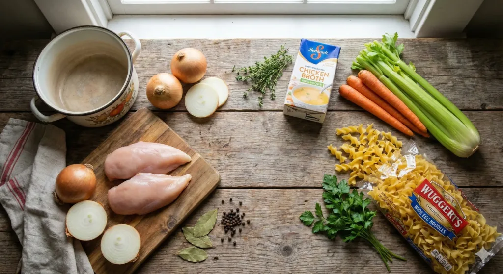: Pot of chicken broth with vegetables simmering
