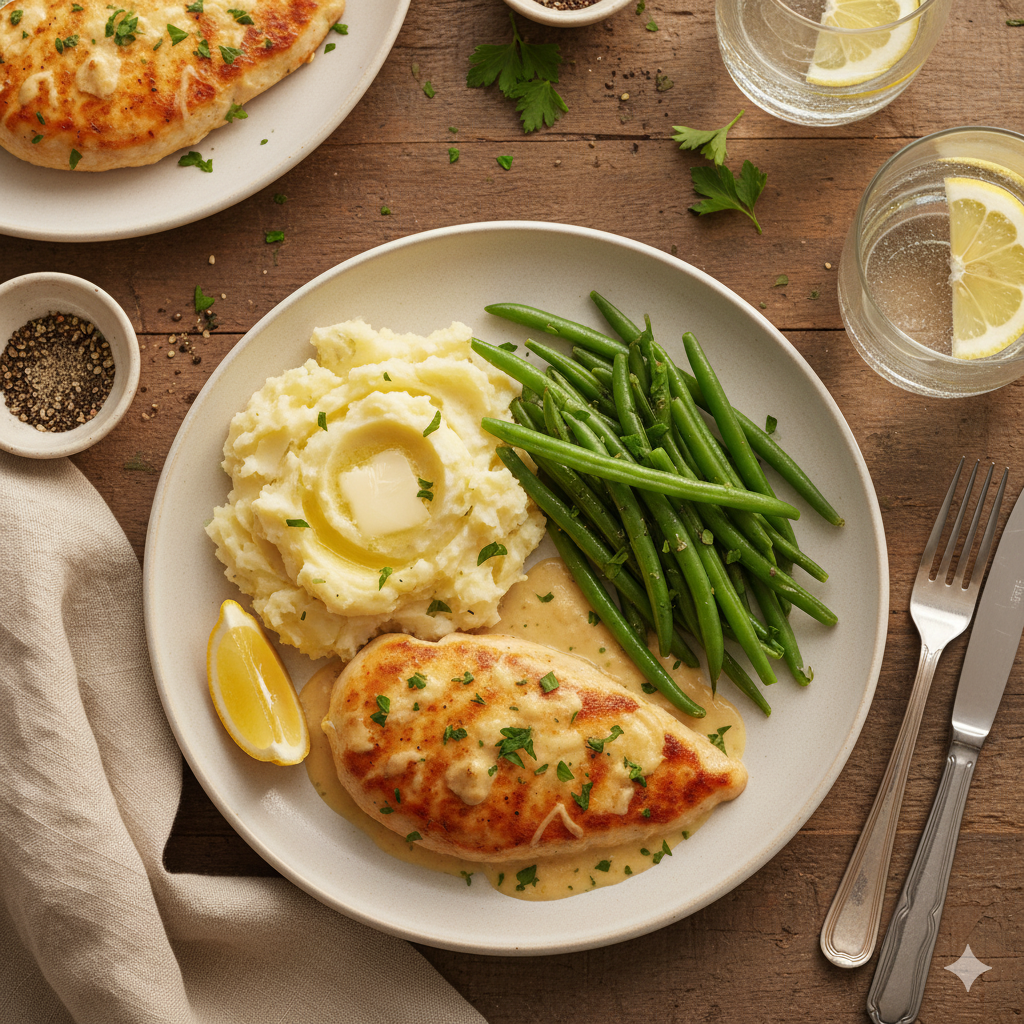 Creamy garlic chicken breast served with mashed potatoes and green beans.