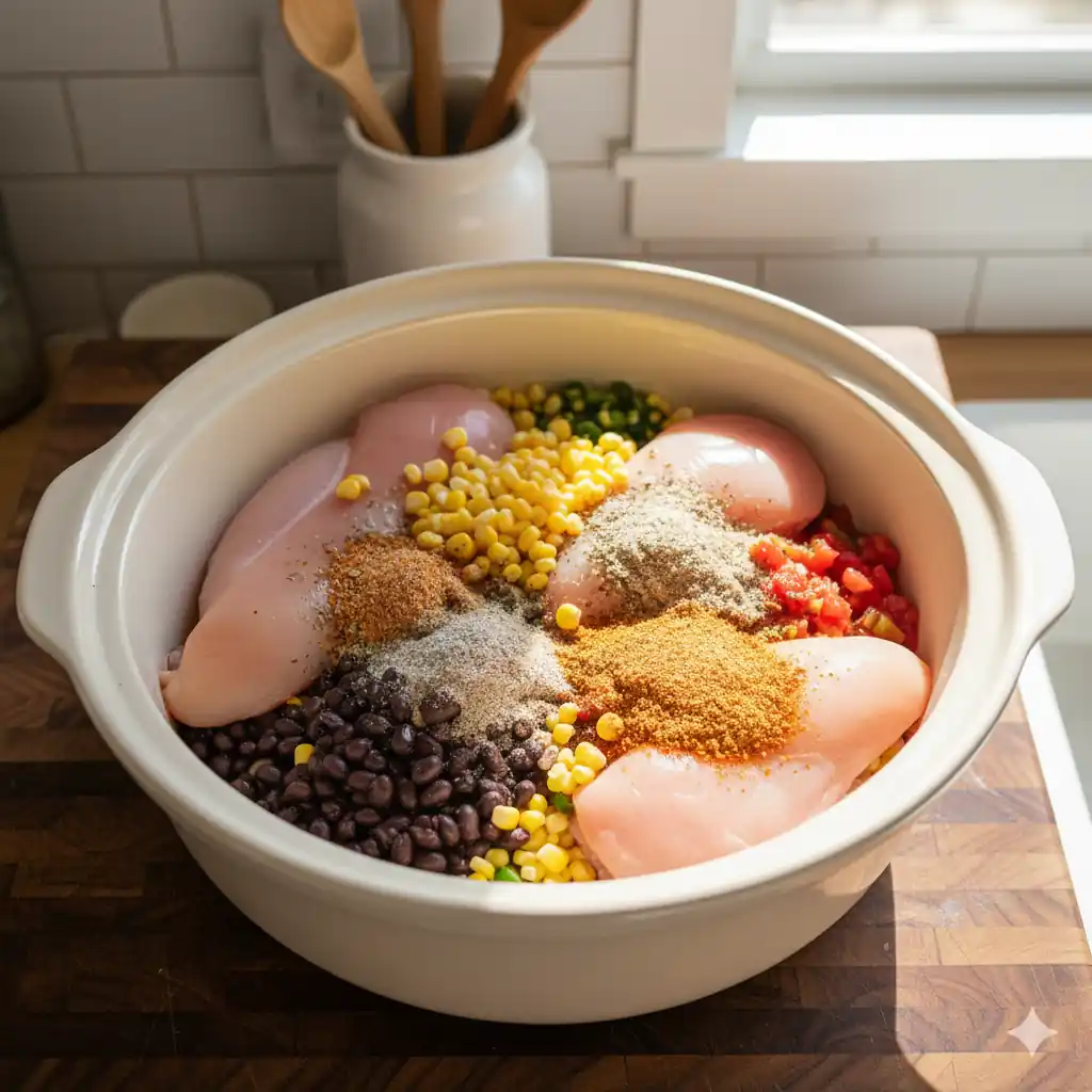 Uncooked ingredients for crockpot white chicken chili layered in slow cooker.