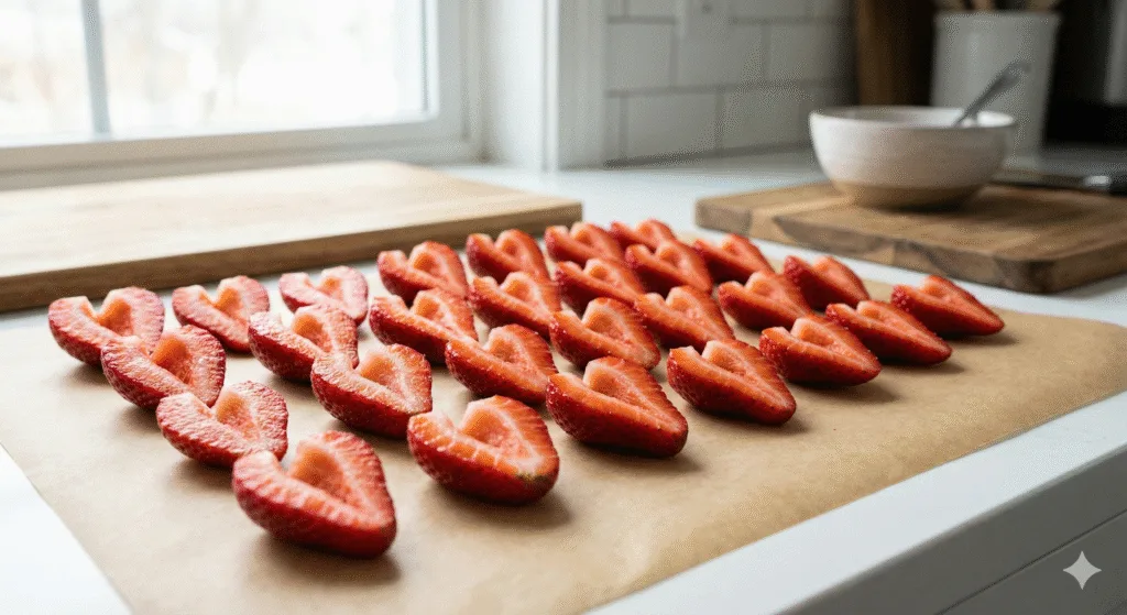 Halved strawberries hollowed and prepared for filling.