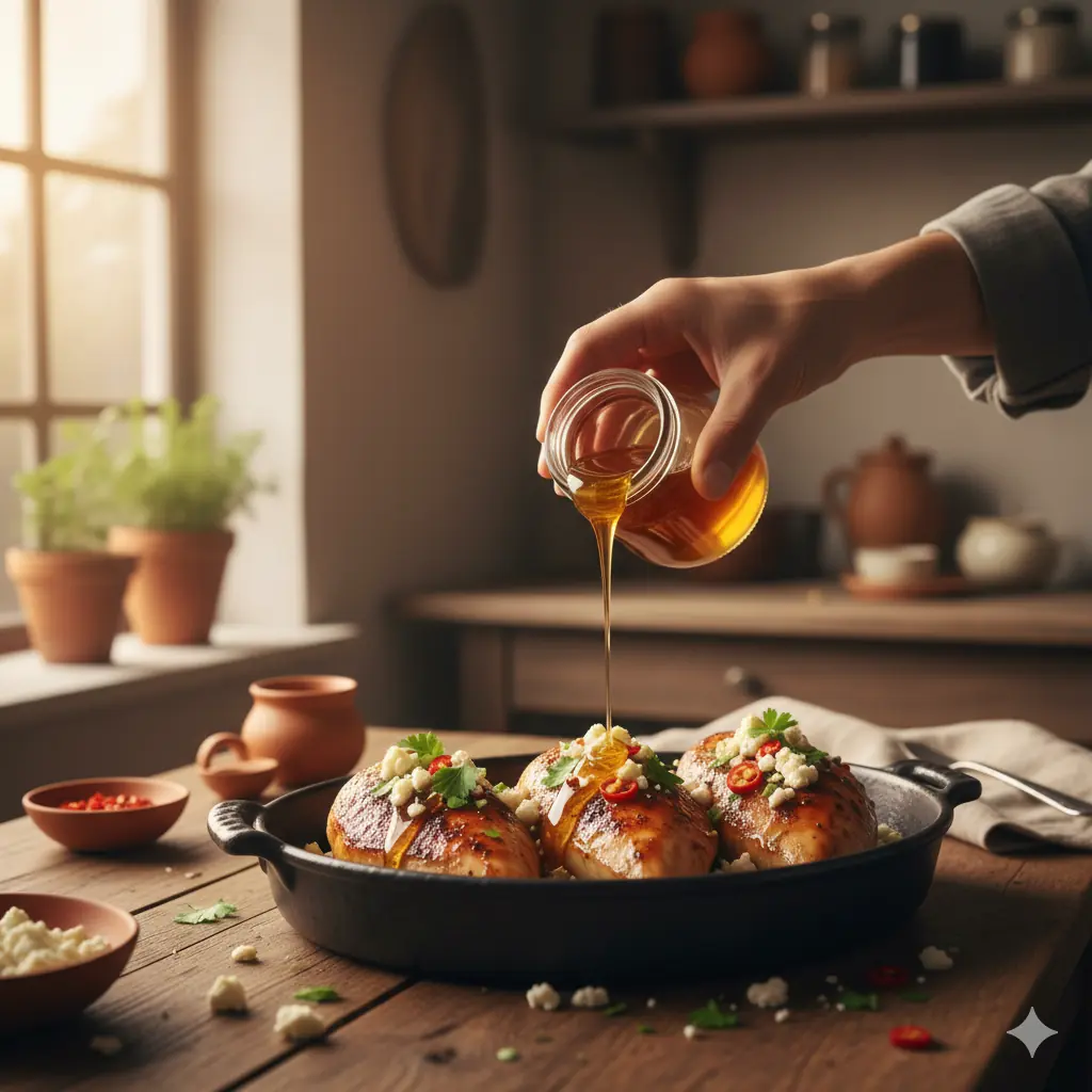 Glazed chicken breast garnished with feta, herbs, and chili flakes in a rustic kitchen setting.