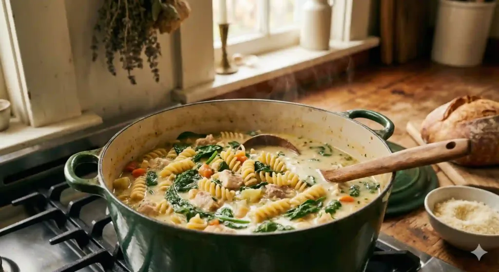 Chicken and vegetables cooking in soup pot