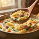 Bowl of creamy chicken soup with spinach, pasta, and sundried tomatoes