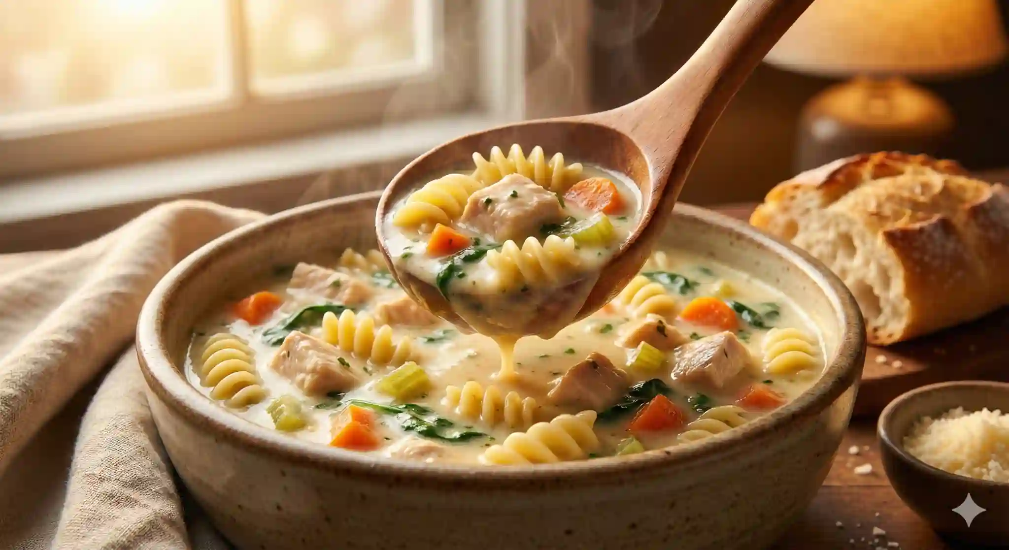 Bowl of creamy chicken soup with spinach, pasta, and sundried tomatoes
