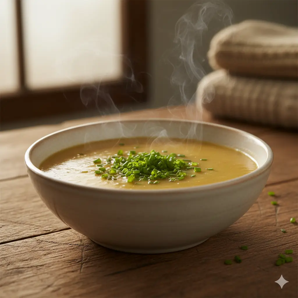 Creamy potato soup in a bowl with chives on top.