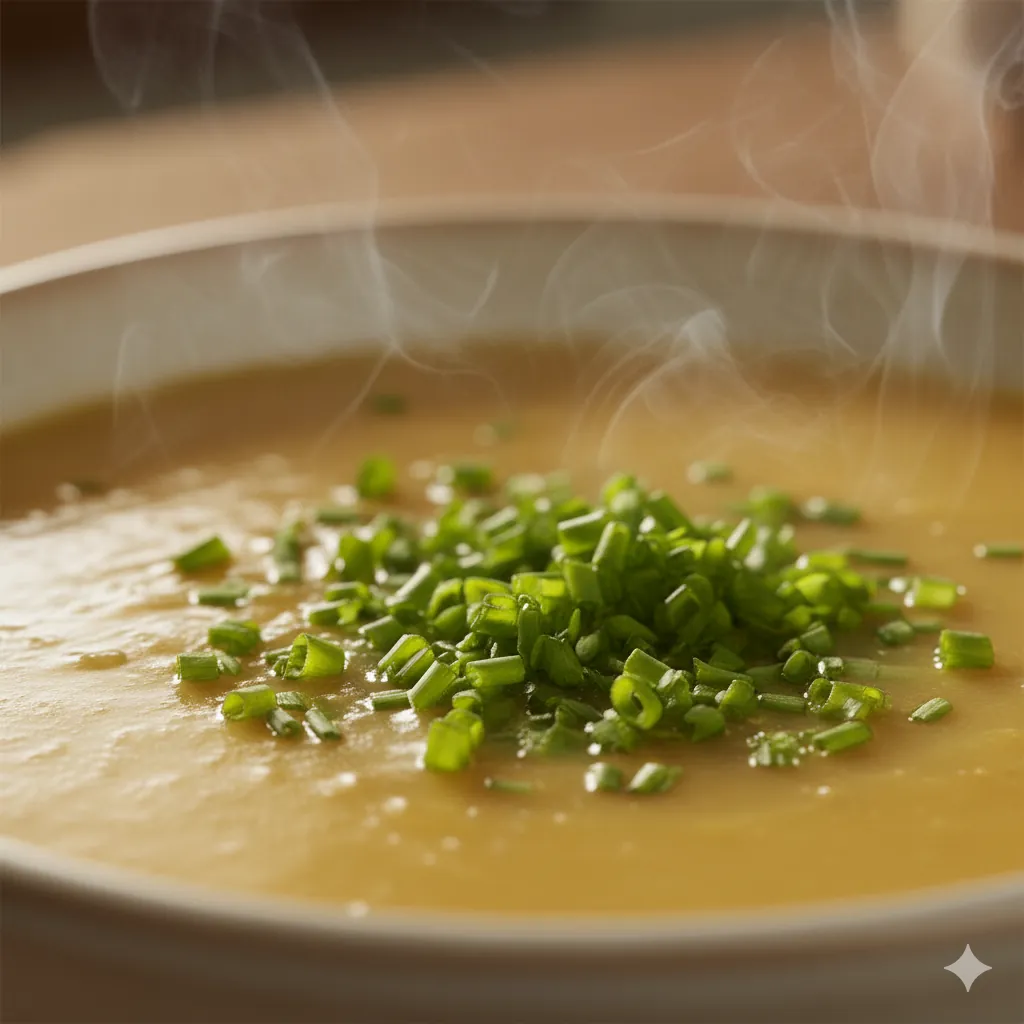 Creamy potato soup in a bowl with chives on top.