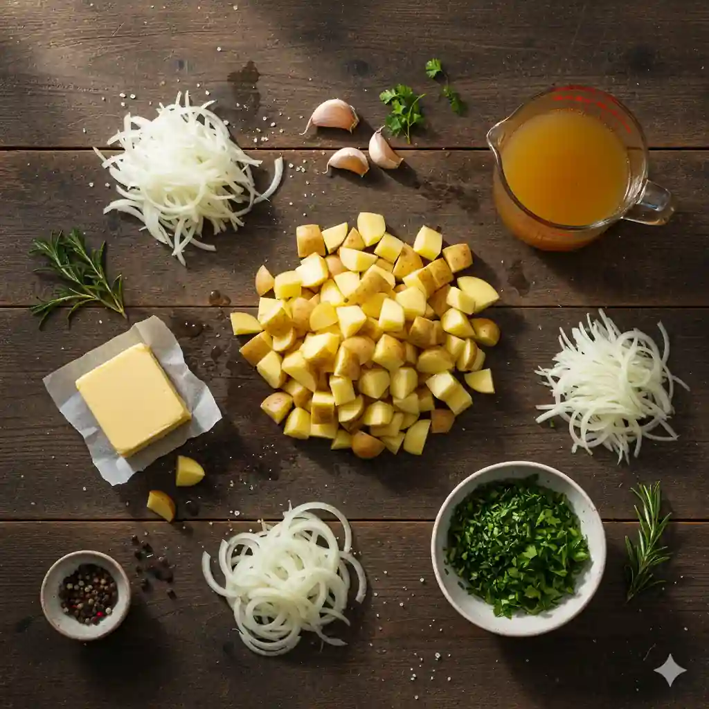 : Potatoes, onion, garlic, butter, broth, and herbs arranged neatly.