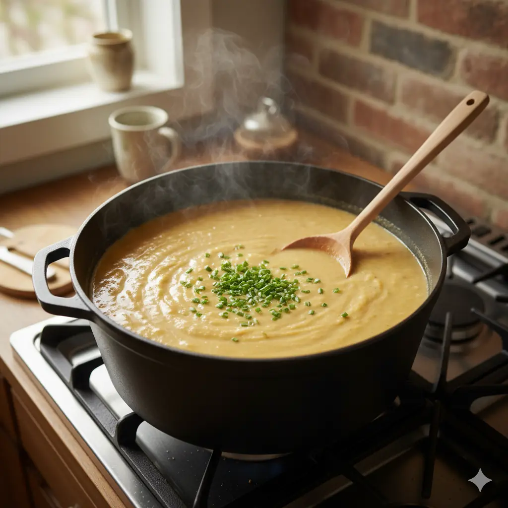 Creamy potato soup cooking in a pot on the stove.