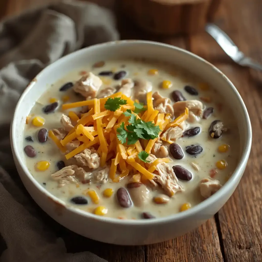 Bowl of creamy white chicken chili garnished with shredded cheese and fresh cilantro.