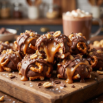 Close-up of Snickers Pretzel Bites with melted caramel and chocolate.