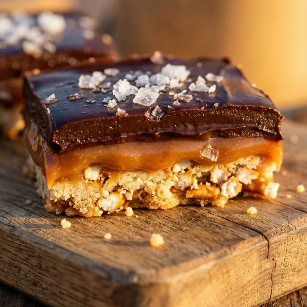 Close-up image of Salt River Bars with caramel layers and flaky sea salt.