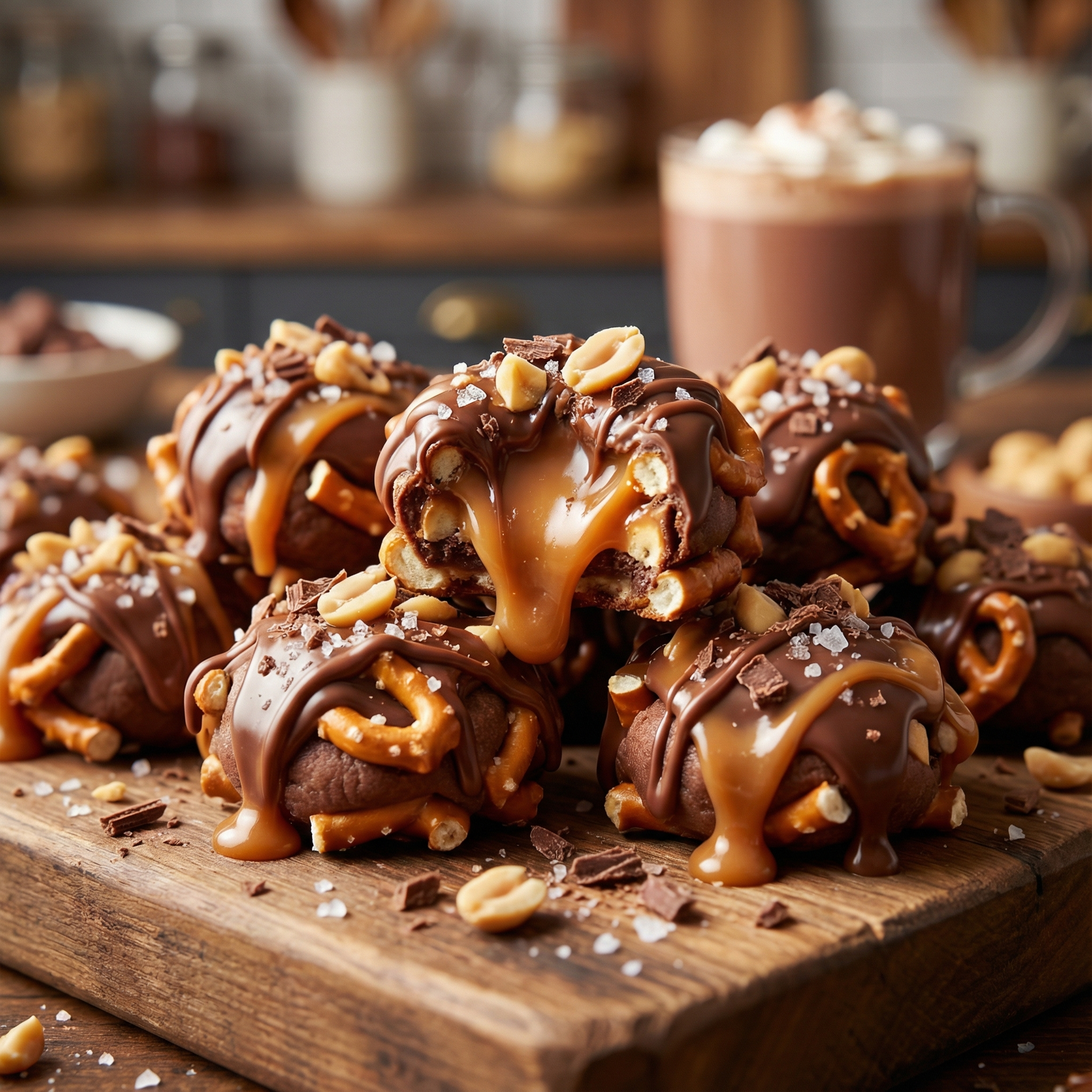 Close-up of Snickers Pretzel Bites with melted caramel and chocolate.