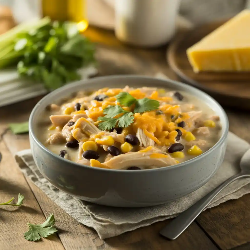 Cubes of cream cheese melting into crockpot chicken chili mixture.