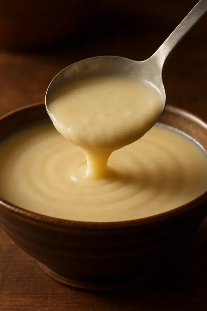 Potatoes, onions, broth, and cream arranged on a wooden board