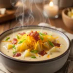 Bowl of Outback-style potato soup with melted cheddar and bacon