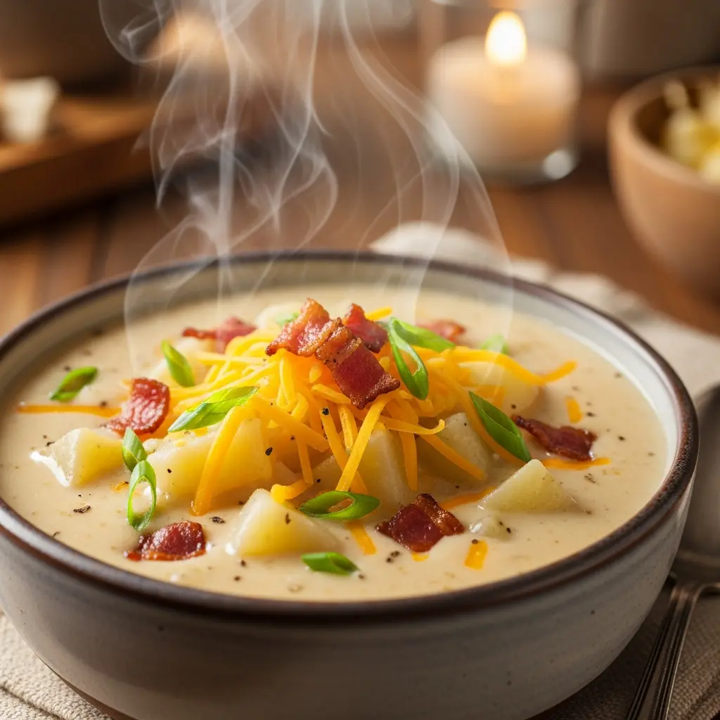 Bowl of Outback-style potato soup with melted cheddar and bacon