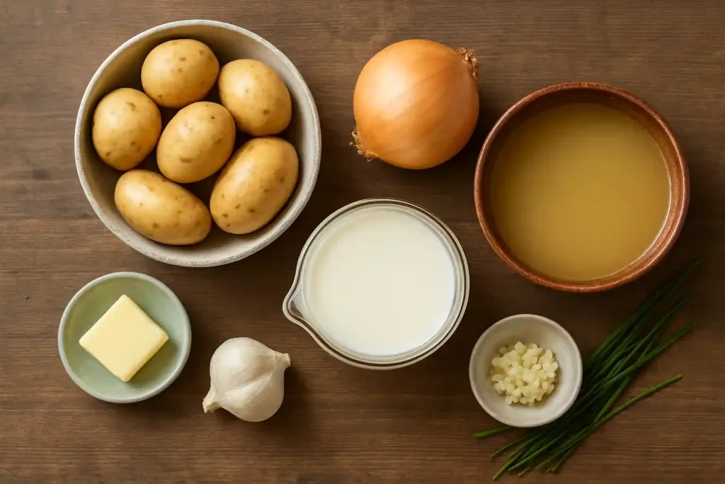 Ladle lifting creamy blended potato soup from pot