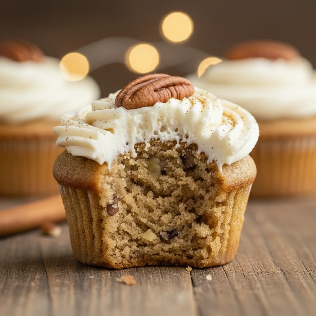 Soft banana cinnamon cupcakes topped with cream cheese frosting.