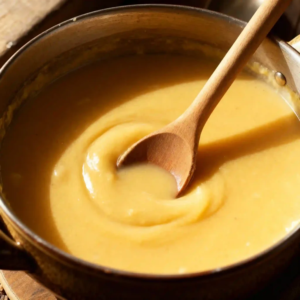 Golden roux cooking in pot with wooden spoon