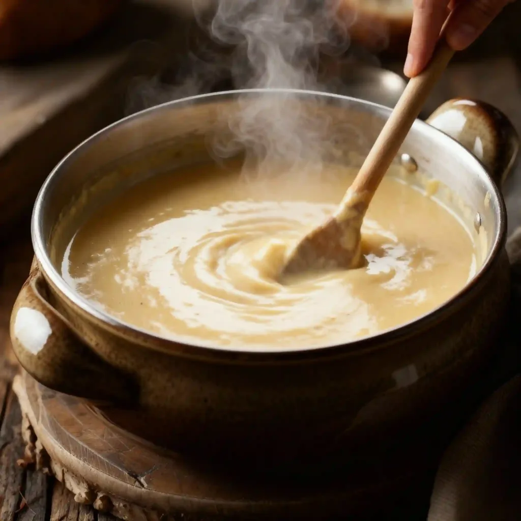 Flat lay of potatoes, broth, butter, cheese, onions, and cream