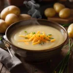 Creamy potato soup topped with chives and cheddar cheese