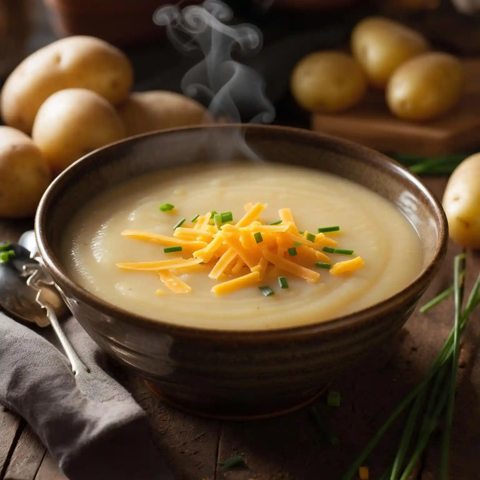 Creamy potato soup topped with chives and cheddar cheese