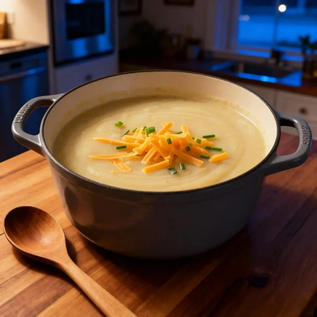 Bowl of potato soup with cheese, chives, and sour cream