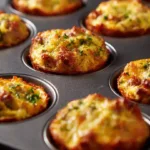 Close-up of golden crispy hashbrown sausage bites in a muffin pan.